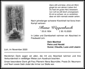 Traueranzeige von Ilona Wagenbach von Licher Wochenblatt