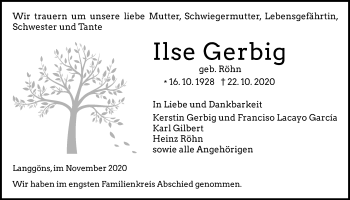 Traueranzeige von Ilse Gerbig von Alsfelder Allgemeine, Giessener Allgemeine