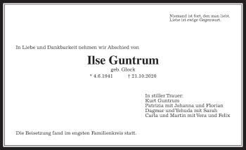 Traueranzeige von Ilse Guntrum von Wetterauer Zeitung