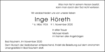 Traueranzeige von Inge Höreth von Wetterauer Zeitung