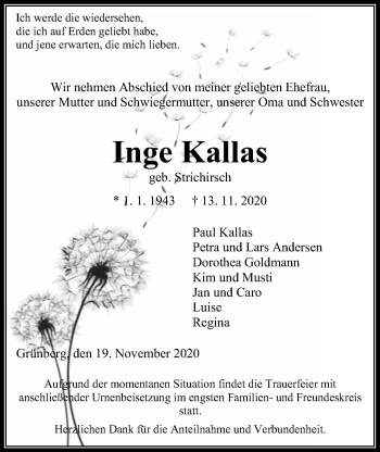 Traueranzeige von Inge Kallas von Heimatzeitung Grünberg + Laubach