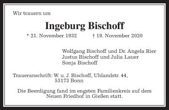 Traueranzeige von Ingeburg Bischoff von Giessener Allgemeine, Alsfelder Allgemeine