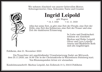 Traueranzeige von Ingrid Leipold von Giessener Allgemeine, Alsfelder Allgemeine