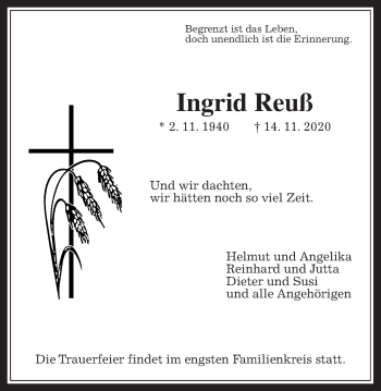 Traueranzeige von Ingrid Reuß von Wetterauer Zeitung