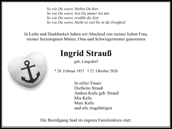 Traueranzeige von Ingrid Strauß von Wetterauer Zeitung