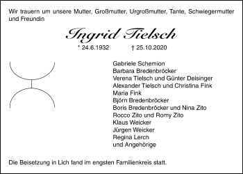 Traueranzeige von Ingrid Tielsch von Licher Wochenblatt