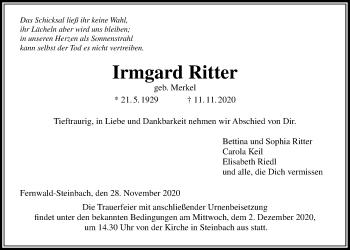 Traueranzeige von Irmgard Ritter von Giessener Allgemeine, Alsfelder Allgemeine