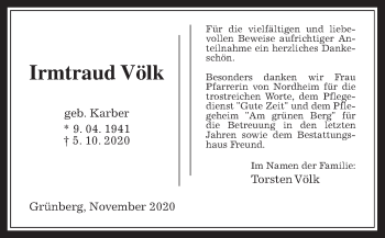 Traueranzeige von Irmtraud Völk von Giessener Allgemeine, Alsfelder Allgemeine