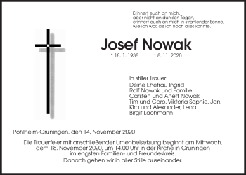 Traueranzeige von Josef Nowak von Giessener Allgemeine, Alsfelder Allgemeine