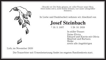 Traueranzeige von Josef Steinbach von Giessener Allgemeine, Alsfelder Allgemeine