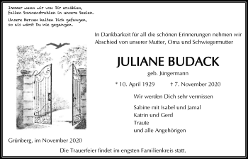 Traueranzeige von Juliane Budack von Giessener Allgemeine, Alsfelder Allgemeine