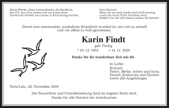 Traueranzeige von Karin Findt von Giessener Allgemeine, Alsfelder Allgemeine