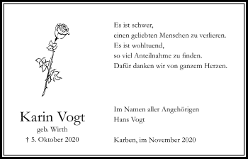 Traueranzeige von Karin Vogt von Bad Vilbel/Karben