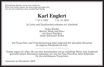 Traueranzeige von Karl Englert von Alsfelder Allgemeine, Giessener Allgemeine