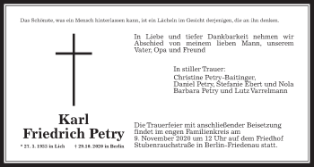 Traueranzeige von Karl Friedrich Petry von Alsfelder Allgemeine, Giessener Allgemeine