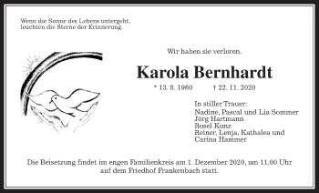 Traueranzeige von Karola Bernhardt von Giessener Allgemeine, Alsfelder Allgemeine