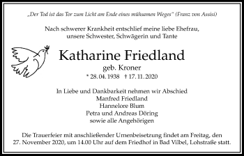 Traueranzeige von Katharine Friedland von Bad Vilbel/Karben