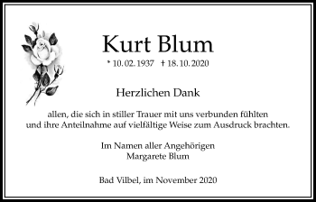 Traueranzeige von Kurt Blum von Bad Vilbel/Karben
