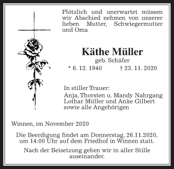 Traueranzeige von Käthe Müller von Giessener Allgemeine, Alsfelder Allgemeine