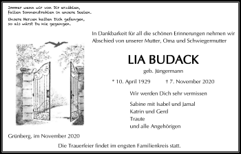 Traueranzeige von Lia Budack von Heimatzeitung Grünberg + Laubach