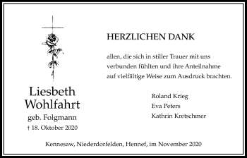 Traueranzeige von Liesbeth Wohlfahrt von Bad Vilbel/Karben