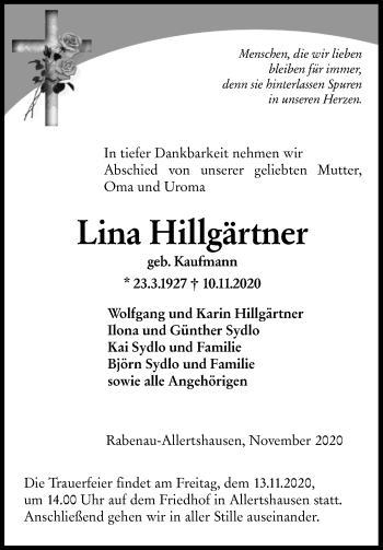 Traueranzeige von Lina Hillgärtner von Giessener Allgemeine, Alsfelder Allgemeine