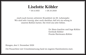 Traueranzeige von Liselotte Köhler von Giessener Allgemeine, Alsfelder Allgemeine