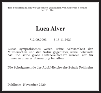 Traueranzeige von Luca Alver von Giessener Allgemeine, Alsfelder Allgemeine