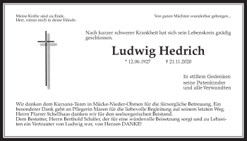 Traueranzeige von Ludwig Hedrich von Giessener Allgemeine, Alsfelder Allgemeine