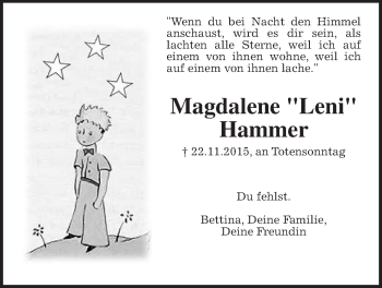 Traueranzeige von Magdalene Hammer von Wetterauer Zeitung