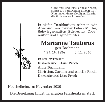 Traueranzeige von Marianne Tautorus von Giessener Allgemeine, Alsfelder Allgemeine
