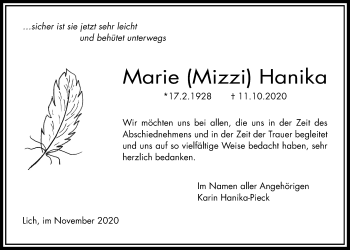 Traueranzeige von Marie  Hanika von Licher Wochenblatt