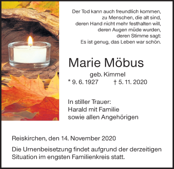 Traueranzeige von Marie Möbus von Giessener Allgemeine, Alsfelder Allgemeine