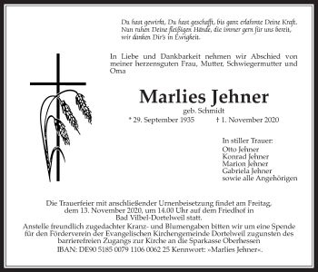 Traueranzeige von Marlies Jehner von Wetterauer Zeitung