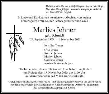 Traueranzeige von Marlies Jehner von Bad Vilbel/Karben
