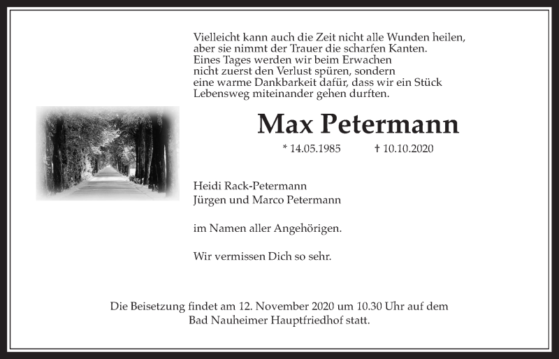  Traueranzeige für Max Petermann vom 07.11.2020 aus Wetterauer Zeitung
