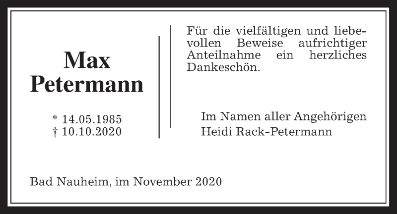  Traueranzeige für Max Petermann vom 21.11.2020 aus Wetterauer Zeitung