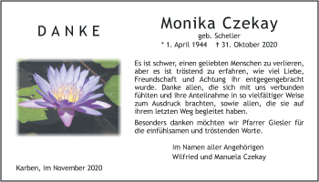 Traueranzeige von Monika Czekay von Bad Vilbel/Karben