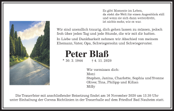 Traueranzeige von Peter Blaß von Wetterauer Zeitung