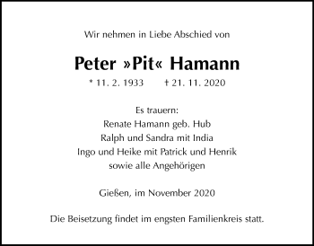 Traueranzeige von Peter Hamann von Giessener Allgemeine, Alsfelder Allgemeine