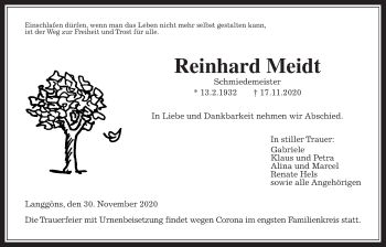 Traueranzeige von Reinhard Meidt von Giessener Allgemeine, Alsfelder Allgemeine