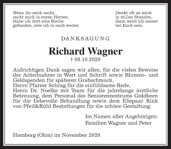 Traueranzeige von Reinhard Wagner von Alsfelder Allgemeine