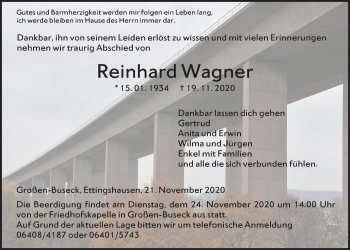 Traueranzeige von Reinhard Wagner von Giessener Allgemeine, Alsfelder Allgemeine
