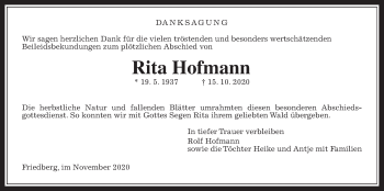 Traueranzeige von Rita Hofmann von Wetterauer Zeitung