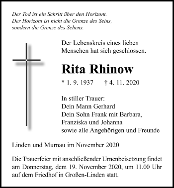 Traueranzeige von Rita Rhinow von Giessener Allgemeine, Alsfelder Allgemeine