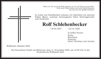 Traueranzeige von Rolf Schlehenbecker von Wetterauer Zeitung