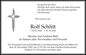Traueranzeige von Rolf Schlitt von Bad Vilbel/Karben