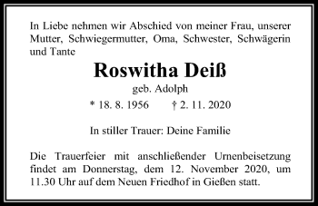 Traueranzeige von Roswitha Deiß von Alsfelder Allgemeine, Giessener Allgemeine