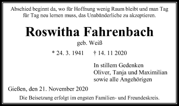 Traueranzeige von Roswitha Fahrenbach von Giessener Allgemeine, Alsfelder Allgemeine