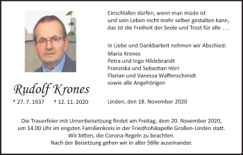 Traueranzeige von Rudolf Krones von Giessener Allgemeine, Alsfelder Allgemeine
